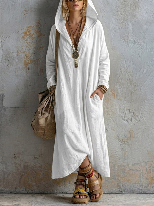 Women's Simple Casual Hooded Linen Maxi Dress