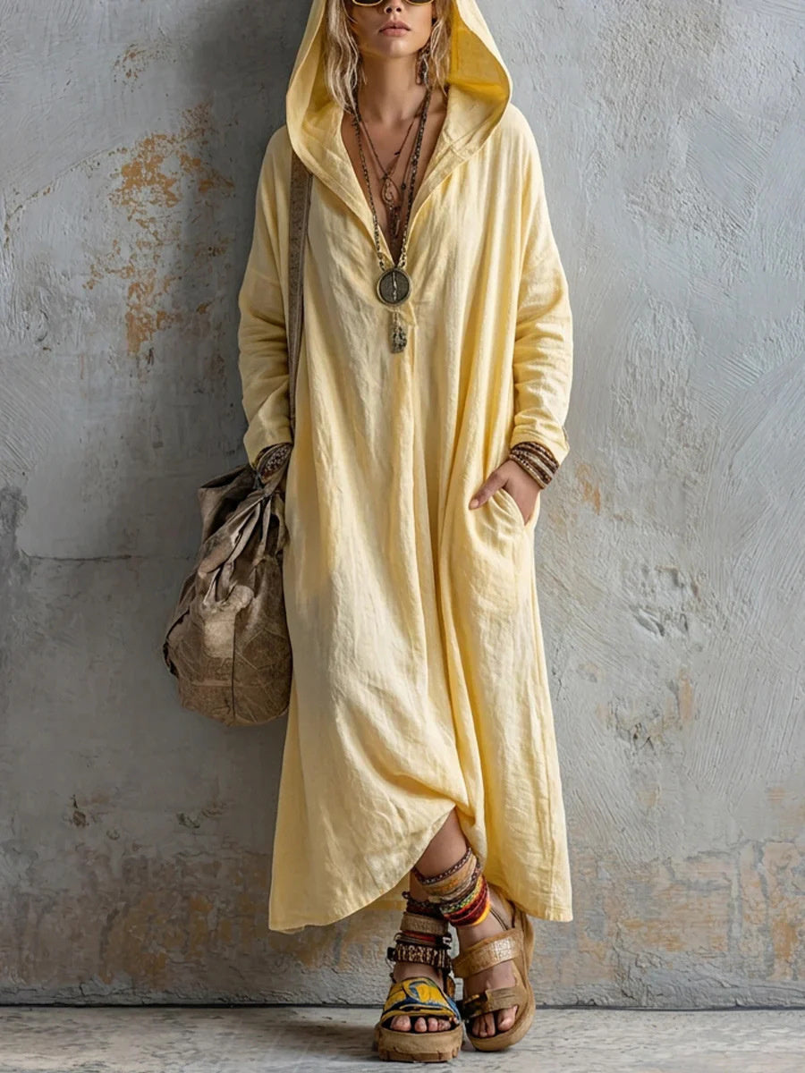Women's Simple Casual Hooded Linen Maxi Dress