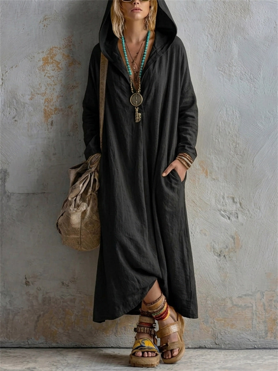 Women's Simple Casual Hooded Linen Maxi Dress