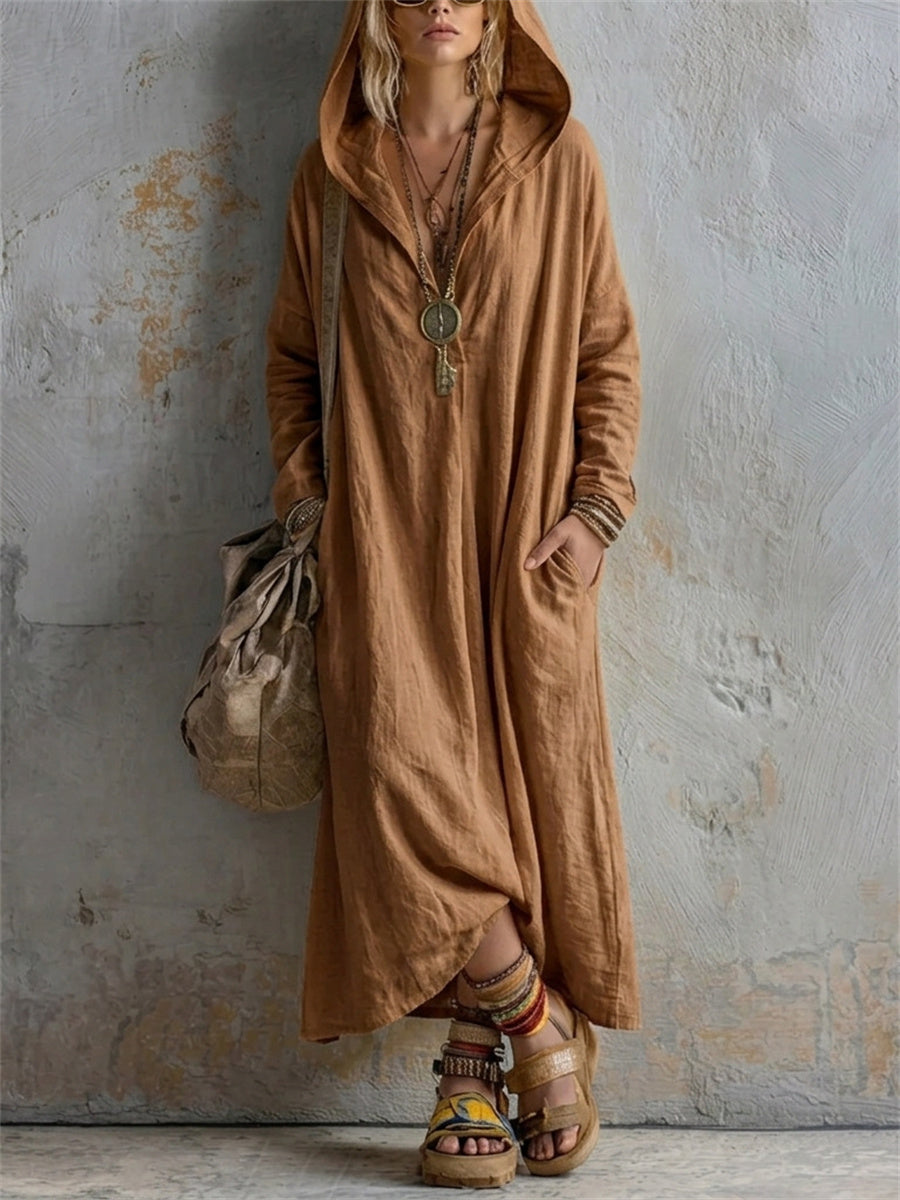 Women's Simple Casual Hooded Linen Maxi Dress