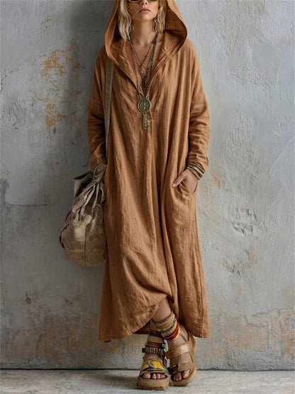Women's Simple Casual Hooded Linen Maxi Dress