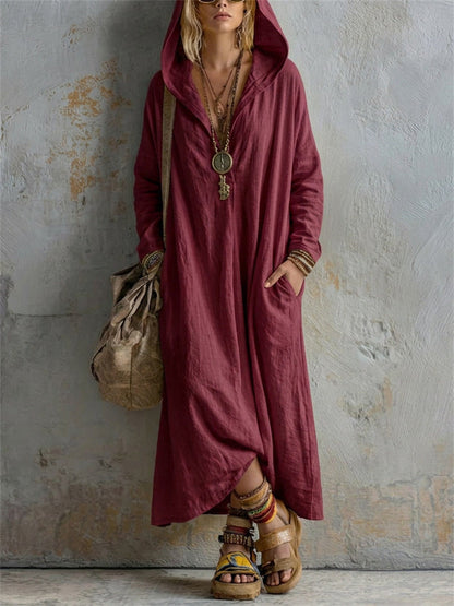 Women's Simple Casual Hooded Linen Maxi Dress