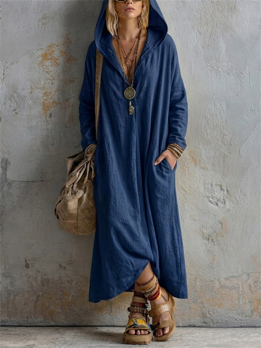 Women's Simple Casual Hooded Linen Maxi Dress