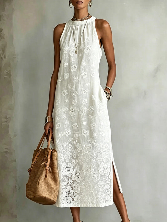 Women's Classy Floral Vines Art Print Side Slit Linen Maxi Dress