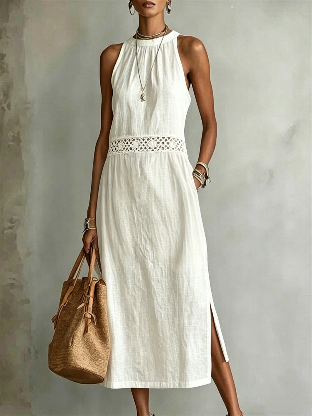 Women's Classy Floral Vines Art Print Side Slit Linen Maxi Dress