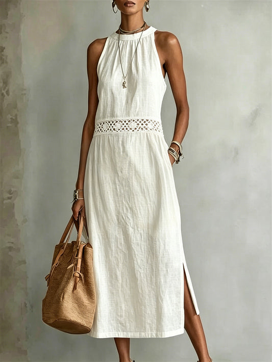 Women's Classy Floral Vines Art Print Side Slit Linen Maxi Dress