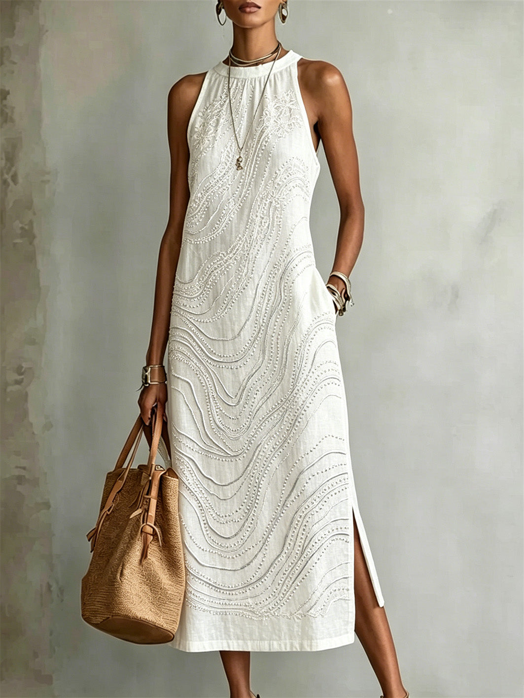 Women's Classy Floral Vines Art Print Side Slit Linen Maxi Dress