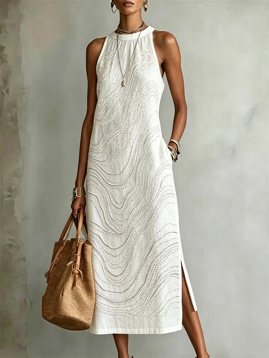 Women's Classy Floral Vines Art Print Side Slit Linen Maxi Dress