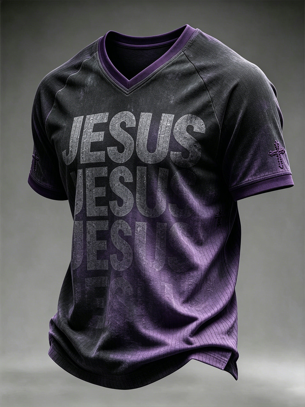 Men's Faith Pattern Printed Gradient Color Leisure V-neck T-shirt
