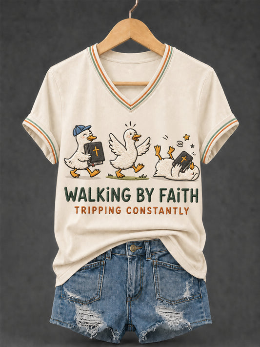 Women's Walking by Faith Tripping Constantly Goose Print Christian Inspirational V-Neck Tee