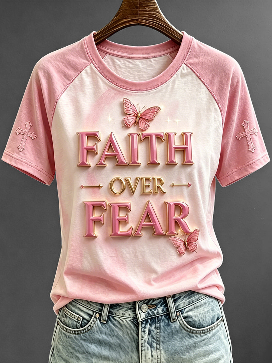 Women's Faith Over Fear Butterfly Print Round Neck Short Sleeve T-shirt