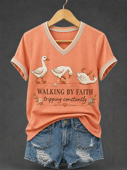 Women's Walking by Faith Tripping Constantly Goose Print Christian Inspirational V-Neck Tee