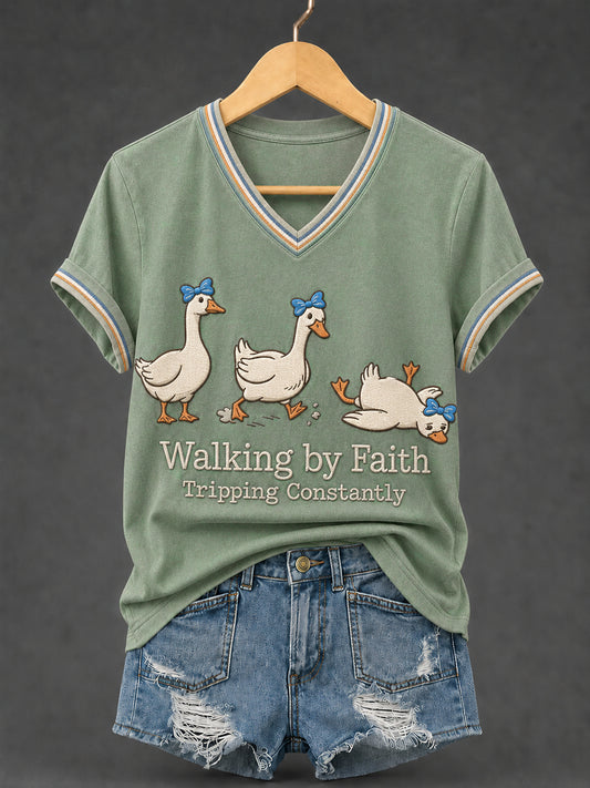 Women's Walking By Faith Tripping Constantly Goose Print Christian Inspirational V-Neck Tee