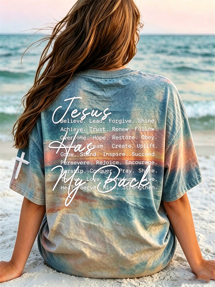 Unisex Jesus Has My Back Faithful Words Seascape Print Oversize T Shirt
