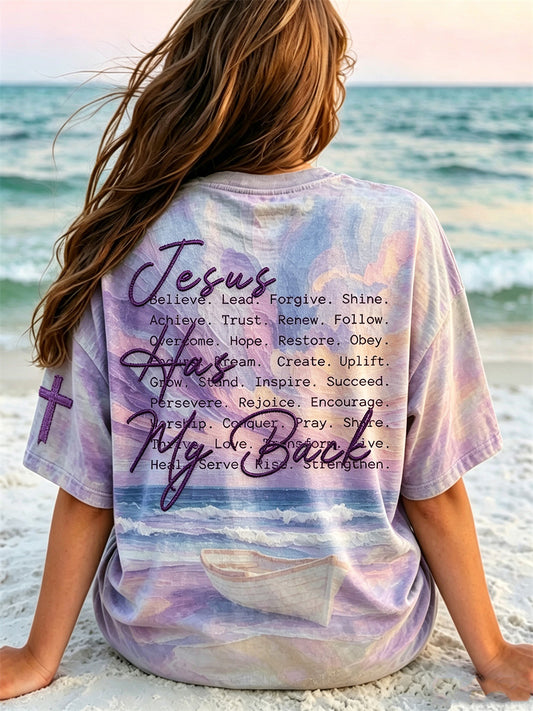 Unisex Jesus Has My Back Faithful Words Seascape Print Oversize T Shirt