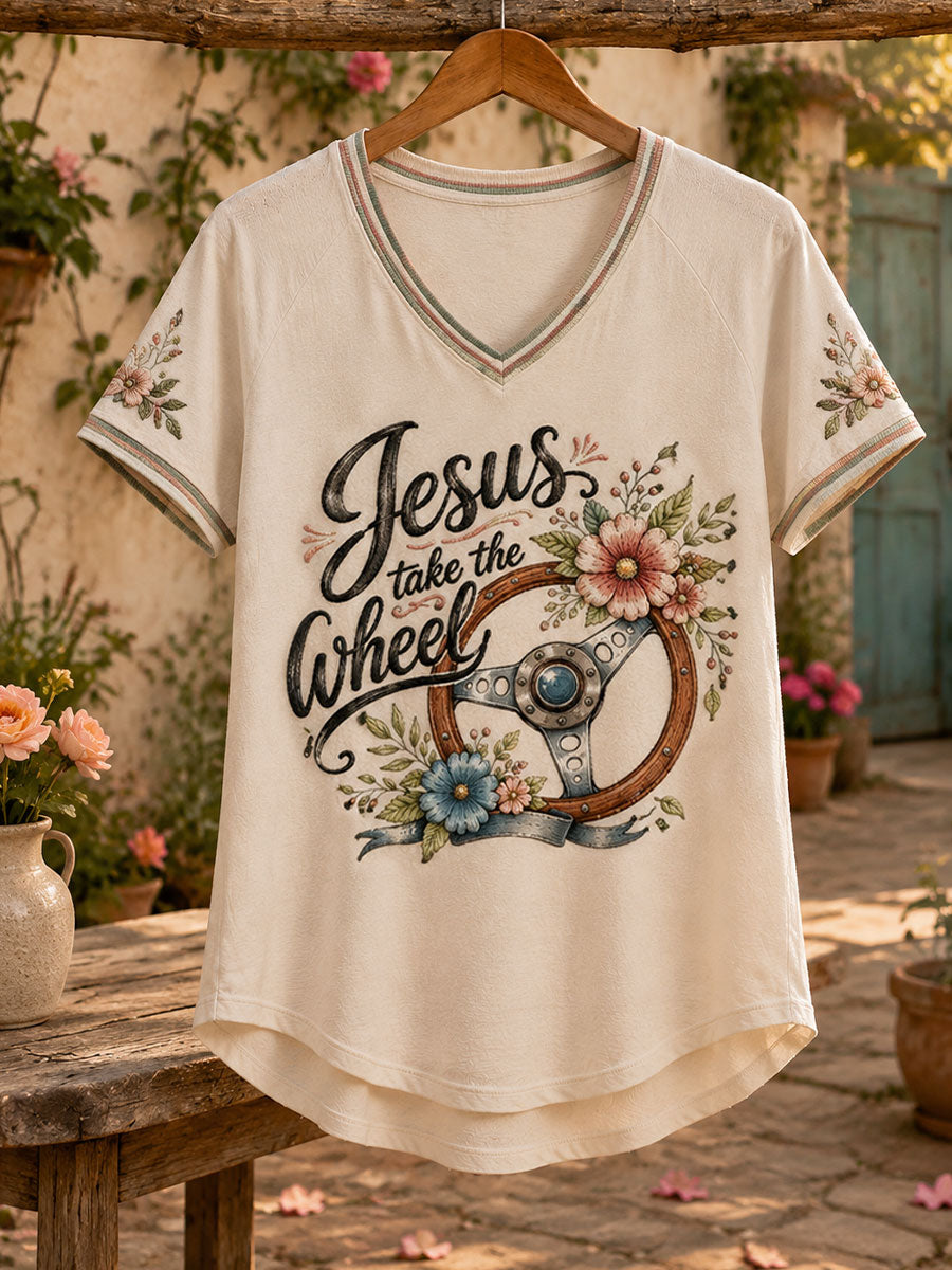 Women's 'Jesus Take the Wheel' V-neck T-shirts