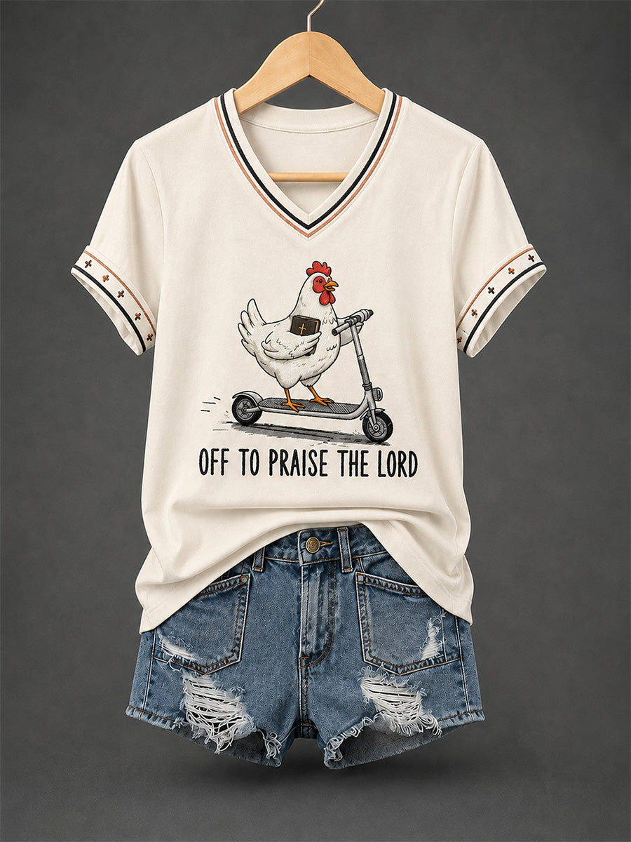 Women's Christian Off To Praise The Lord Print Casual  V-Neck Tee