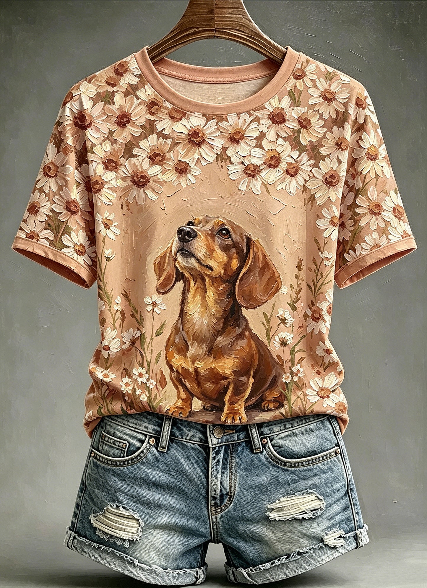 Women's Oil Painting Animal Dog Printed Vintage Fashion Loose Short Sleeve T-Shirt