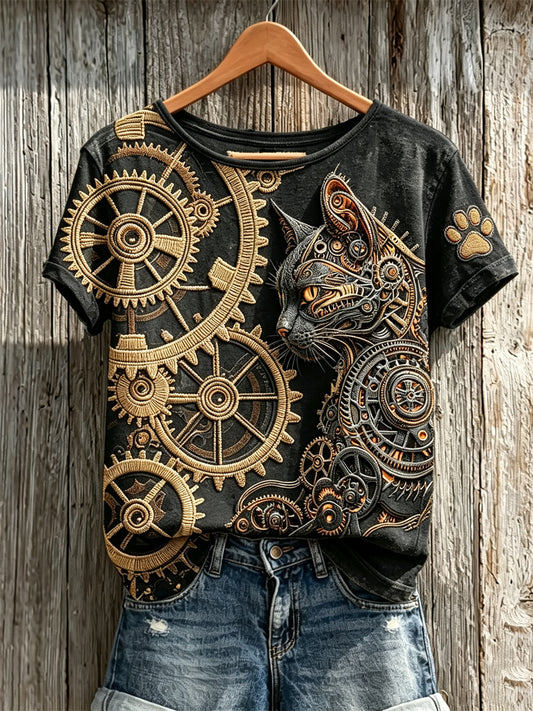 Women's Vintage Steampunk Cat Art Print short-sleeved T-shirt
