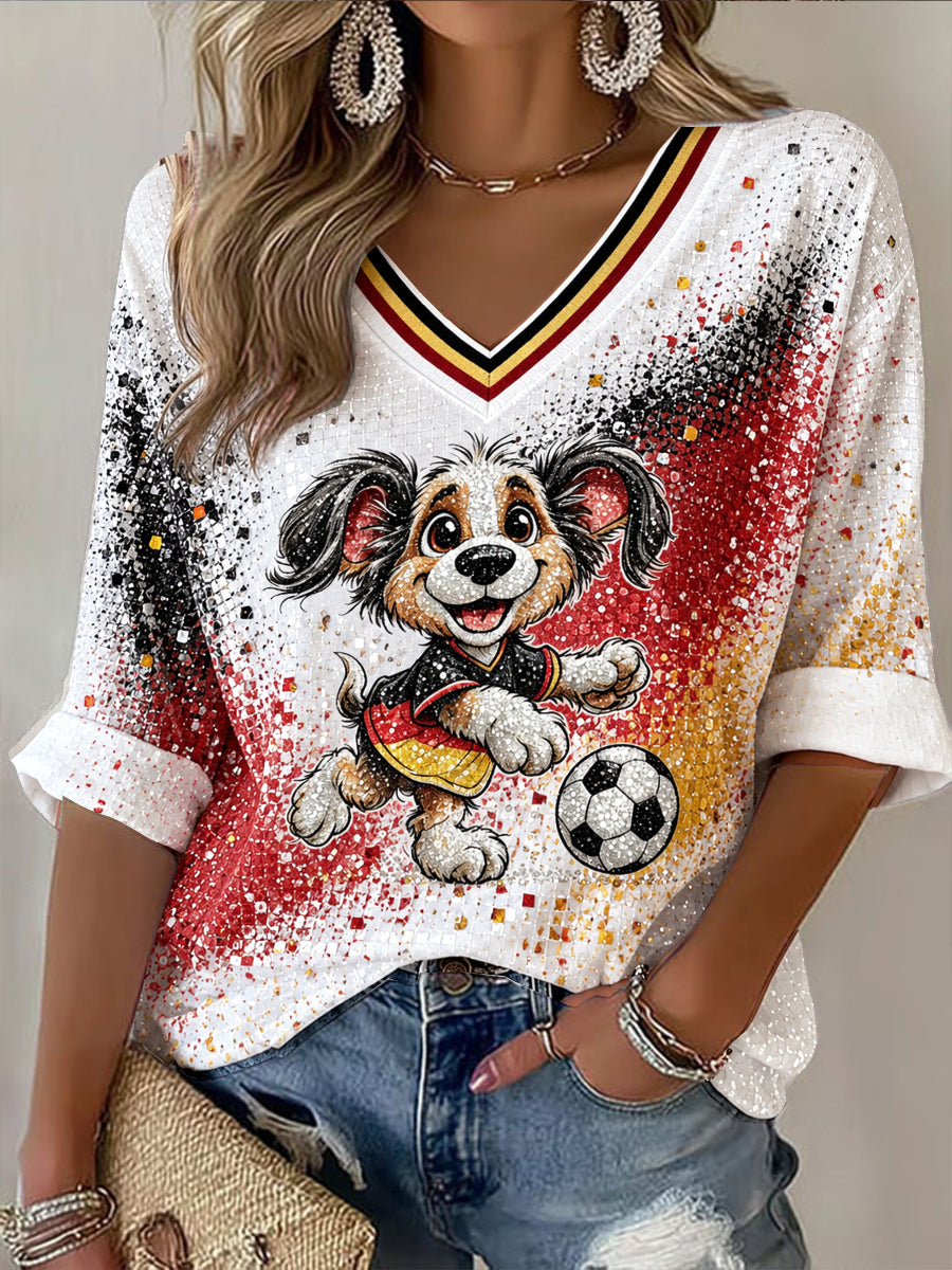 Women’s White German Flag Cute Dog Football Print Casual V-neck T-shirt