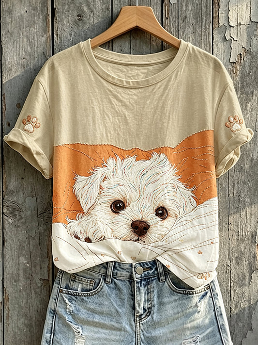Women's Lovely Maltese Puppy Print Short-sleeved T-shirt