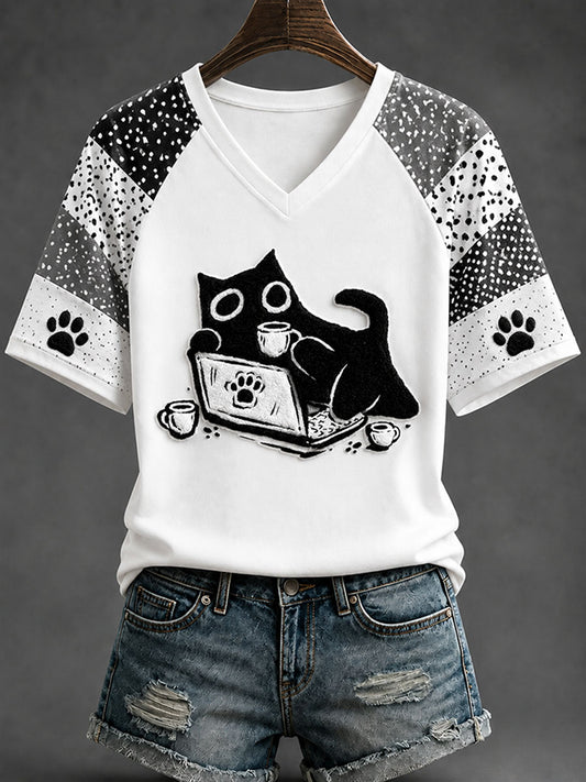 Women's Fun Black Cat Casual Print T-shirt