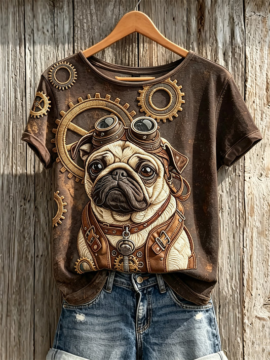 Women's Vintage Steampunk Pug Dog Art Print short-sleeved T-shirt