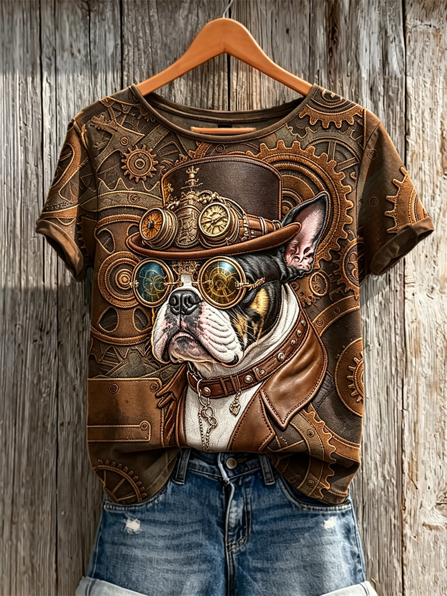 Women's Vintage Steampunk Bulldog Art Print short-sleeved T-shirt