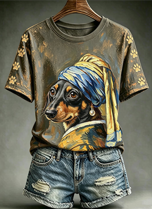Women's Funny Oil Painting Animals Dog Printed Vintage Fashion Loose Short Sleeve T-Shirt
