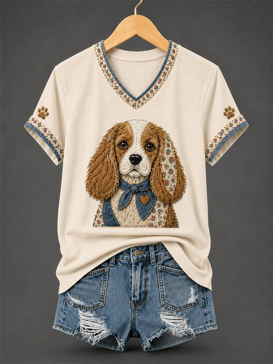 Women's Retro Patchwork Dog Print V-Neck Tee