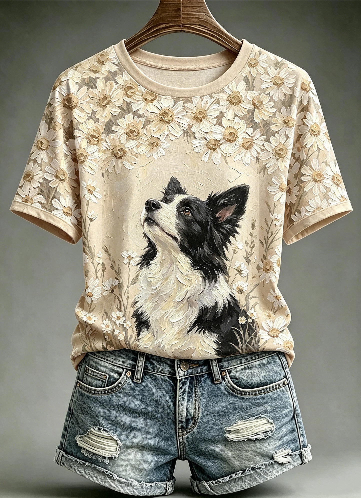 Women's Oil Painting Animal Dog Printed Vintage Fashion Loose Short Sleeve T-Shirt
