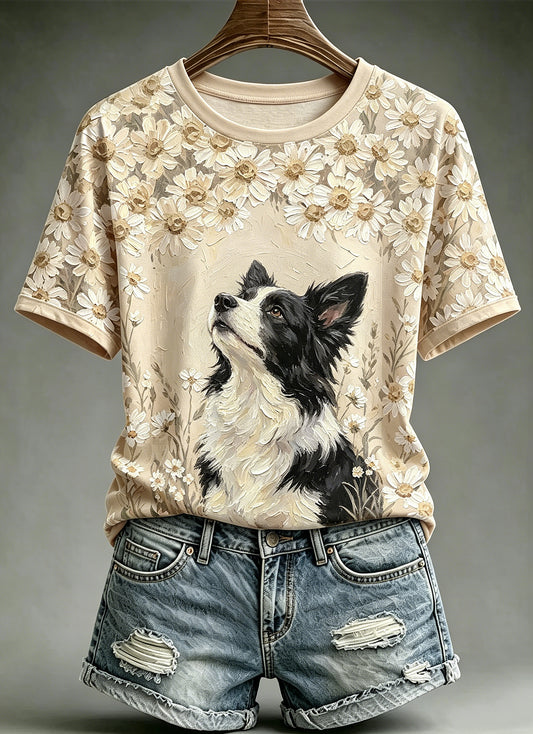 Women's Oil Painting Animal Dog Printed Vintage Fashion Loose Short Sleeve T-Shirt