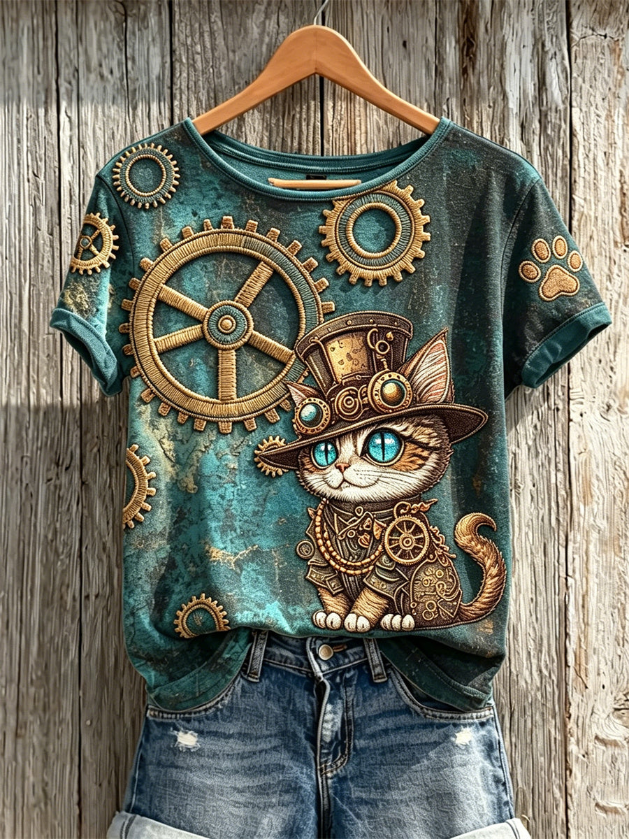Women's Vintage Steampunk Cat Gear Art Print short-sleeved T-shirt