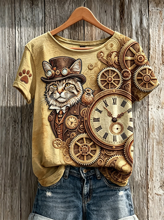 Women's Vintage Steampunk Cat Gear Art Print short-sleeved T-shirt
