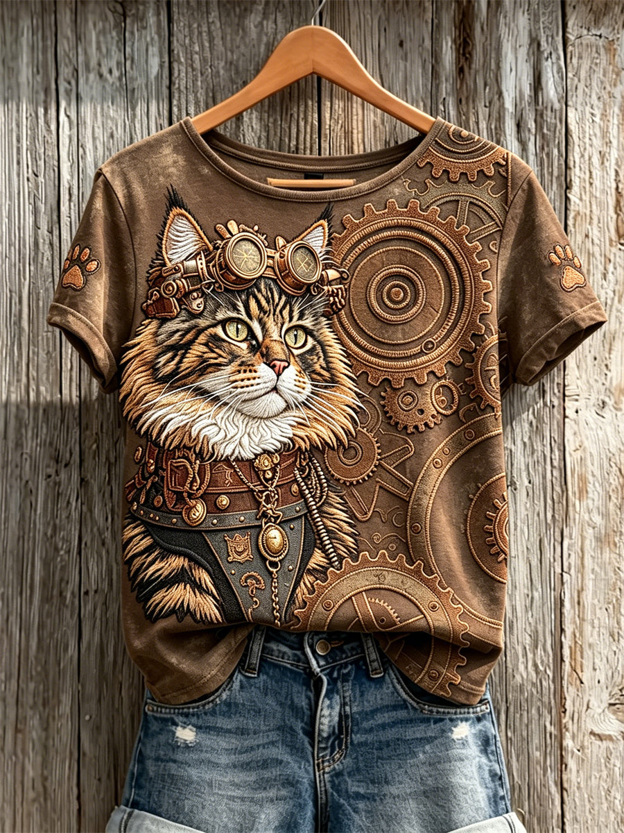 Women's Vintage Steampunk Cat Gear Art Print short-sleeved T-shirt