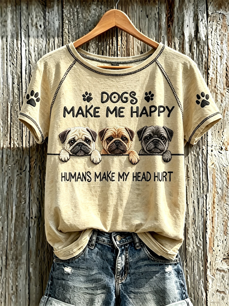 Women's Dogs Make Me Happy Humans Make My Head Hurt Peeking Pugs Print T-shirt