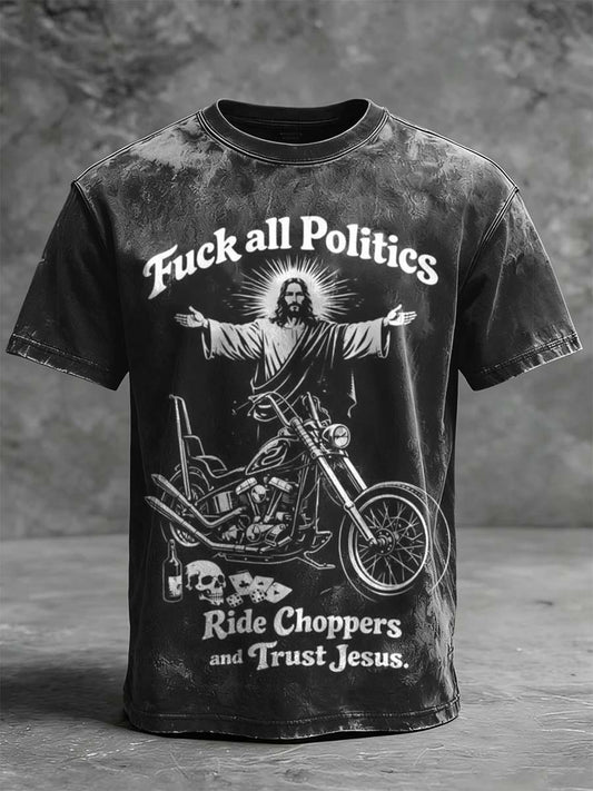 Jesus Chopper Rebellious Slogan Motorcycle Print Casual Short-Sleeve T-Shirt
