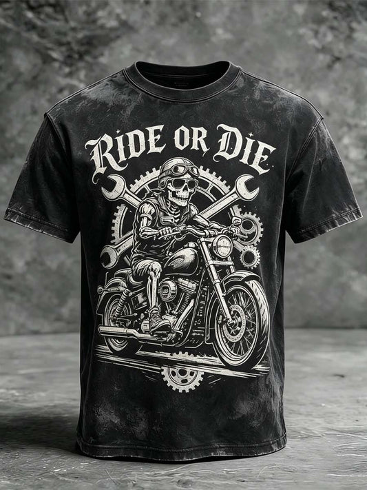 Ride or Die Skull Knight Gear Print Casual Short-Sleeve T-Shirt