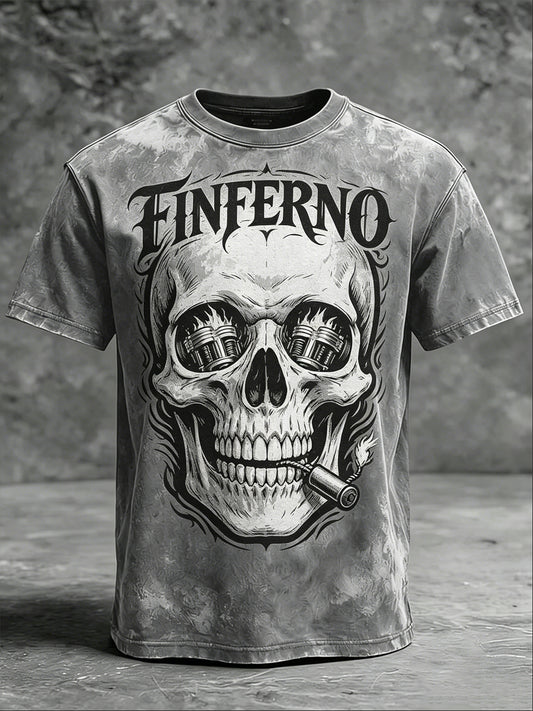 Finferno Hell Engine Skull Print Casual Short-Sleeve T-Shirt