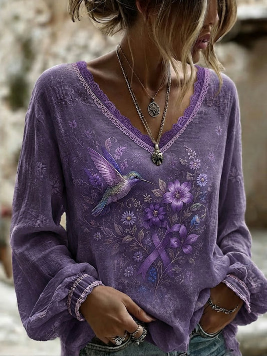Women's Alzheimer's Awareness Printed Cotton-Linen Shirt
