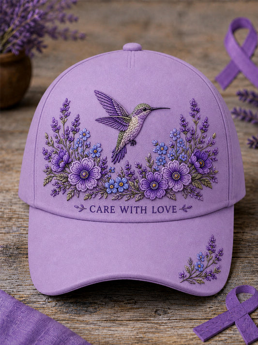 Unisex Purple Floral & Hummingbird Print Alzheimer's Awareness Support Hat