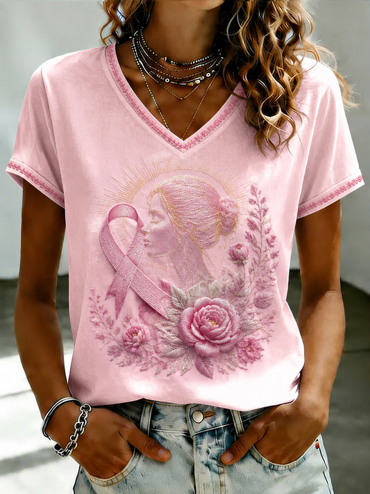 Women's Breast Cancer Pink Flowers Printed V-neck T-shirt