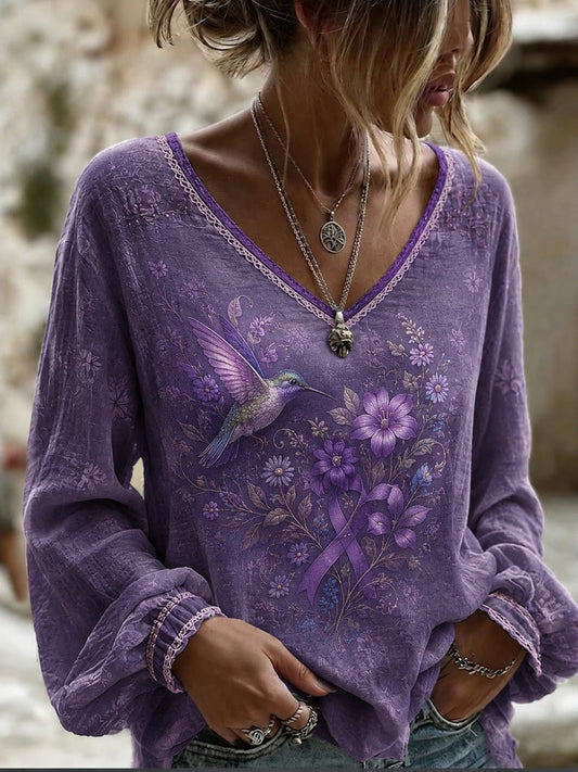 Women's Alzheimer's Awareness Printed Cotton-Linen Shirt