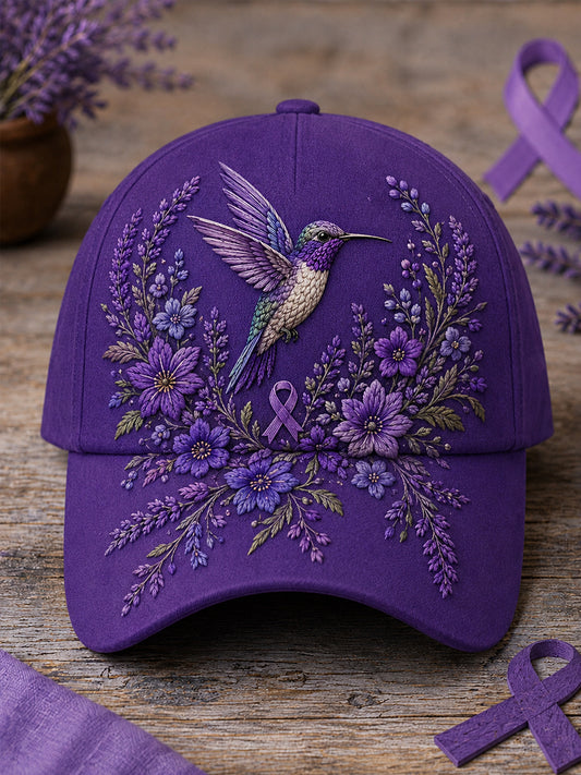 Unisex Purple Floral & Hummingbird Print Alzheimer's Awareness Support Hat