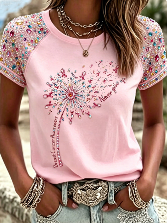 Women's Retro Pink Rose Art Print Casual T-shirt