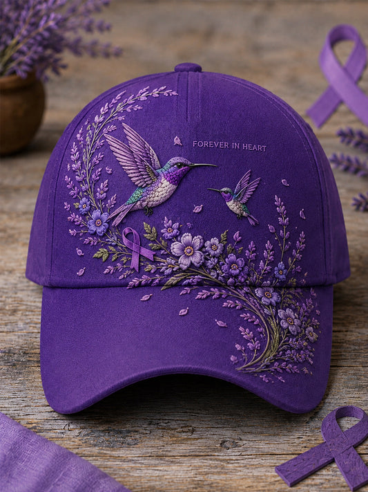 Unisex Purple Floral & Hummingbird Print Alzheimer's Awareness Support Hat