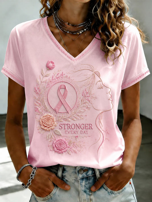 Women's Breast Cancer Pink Flowers Printed V-neck T-shirt