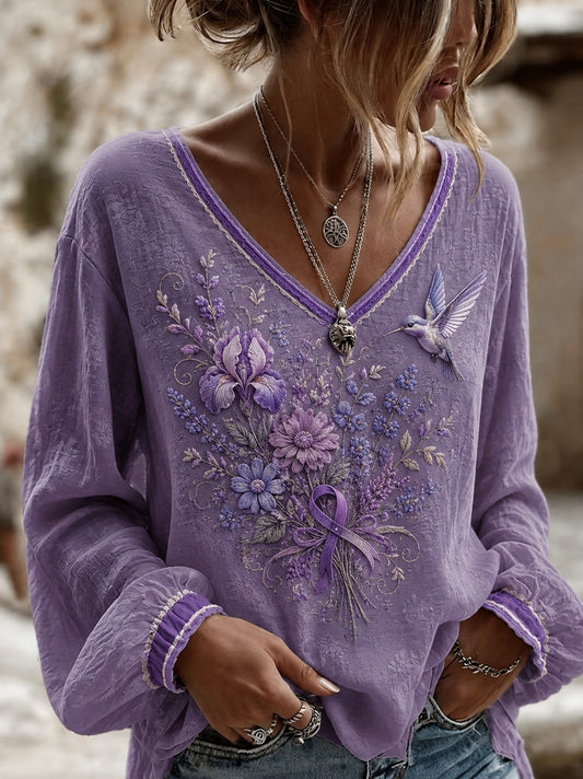Women's Alzheimer's Awareness Printed Cotton-Linen Shirt