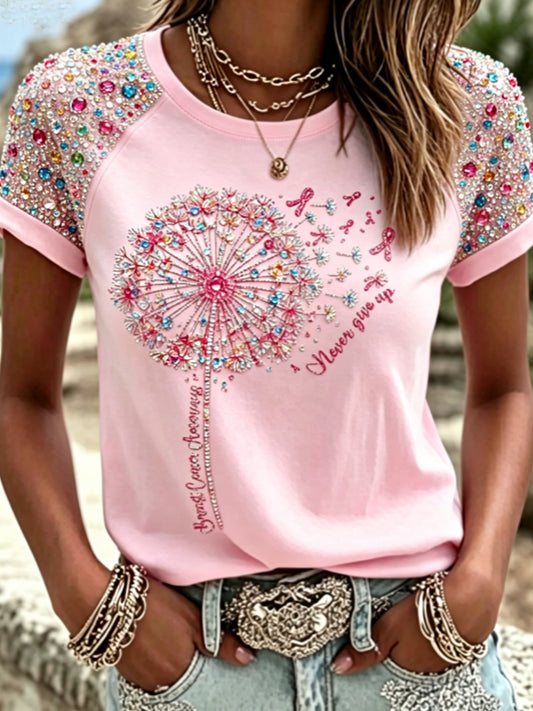 Women's Retro Pink Rose Art Print Casual T-shirt