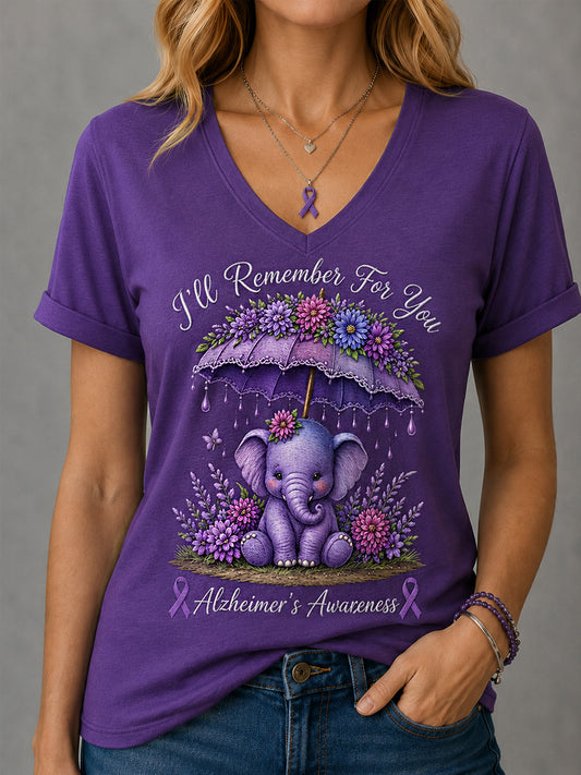 Women's I'll Remember For You Elephant Floral Print Alzheimer's Awareness Support V-Neck Tee